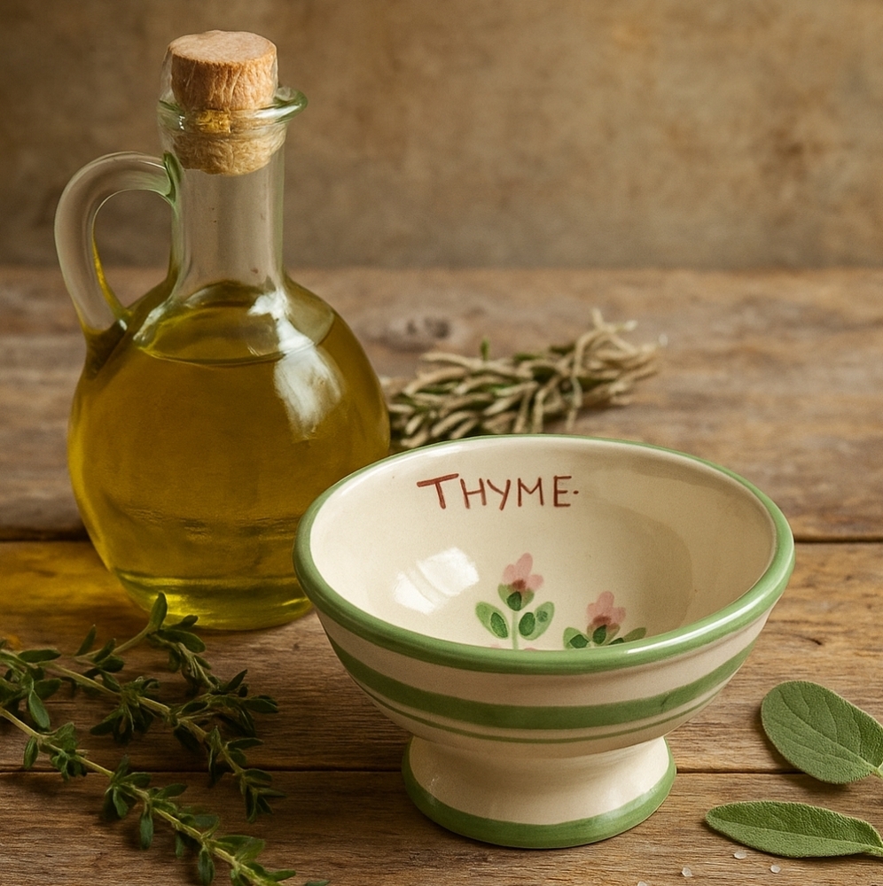 Williams Sonoma Herbs Flora Thyme Pedastal Bowl, Italian Earthenware, Italy